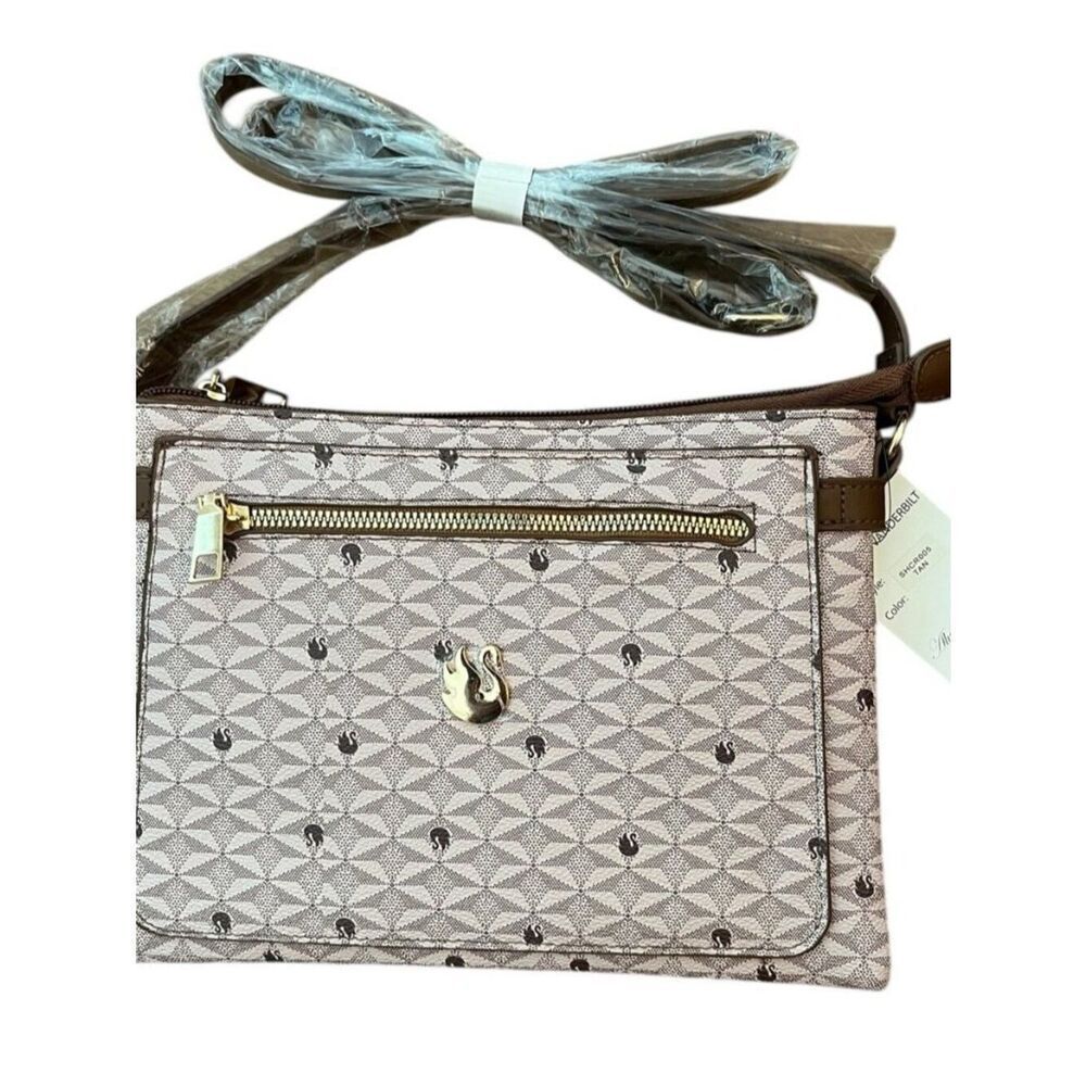 Gloria Vanderbilt Tan Swan Logo Pattern Crossbody Purse NWT